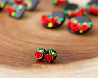 Mexican Earrings Red Rose Black Earrings for Cinco De Mayo Fiesta Stainless Steel Nickel Free Traditional Statement Floral Earrings Studs