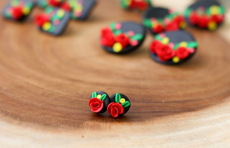 Mexican Earrings Red Rose Black Earrings for Cinco De Mayo Fiesta Stainless Steel Nickel Free Traditional Statement Floral Earrings Studs Small Single Rose
