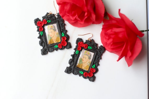 Frida Kahlo Earrings: Floral Goth Polymer Clay Earrings