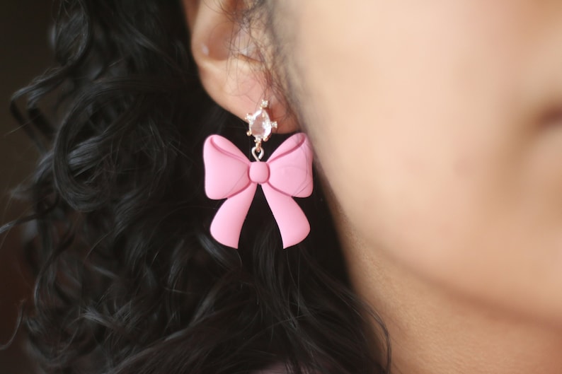 Clay Earrings for Women, Pink Bow Earrings, Valentine's day earrings, Statement Earrings, Sterling Silver Earrings, Crystal Earrings, Stud image 1