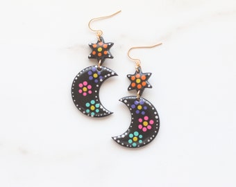 Handmade Mexican Earrings, Mexican Floral Earrings, Colorful Mexican Earrings, Moon Earrings, Moon Jewelry, Mexican Jewelry, Floral Jewelry