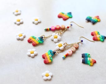 Mexican Piñata Earrings, Pride Month Rainbow Jewelry made of Polymer Clay