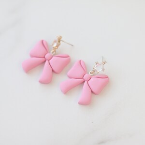 Clay Earrings for Women, Pink Bow Earrings, Valentine's day earrings, Statement Earrings, Sterling Silver Earrings, Crystal Earrings, Stud image 5