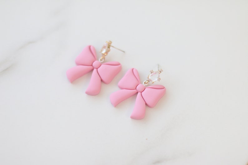 Clay Earrings for Women, Pink Bow Earrings, Valentine's day earrings, Statement Earrings, Sterling Silver Earrings, Crystal Earrings, Stud image 5