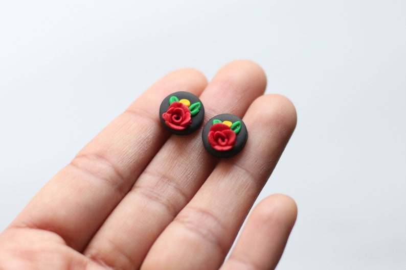 Mexican Earrings Red Rose Black Earrings for Cinco De Mayo Fiesta Stainless Steel Nickel Free Traditional Statement Floral Earrings Studs image 2