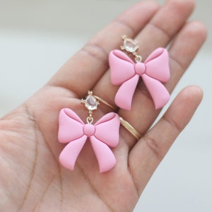 Clay Earrings for Women, Pink Bow Earrings, Valentine's day earrings, Statement Earrings, Sterling Silver Earrings, Crystal Earrings, Stud image 4