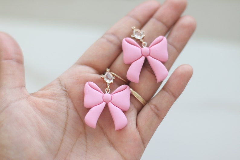 Clay Earrings for Women, Pink Bow Earrings, Valentine's day earrings, Statement Earrings, Sterling Silver Earrings, Crystal Earrings, Stud image 4