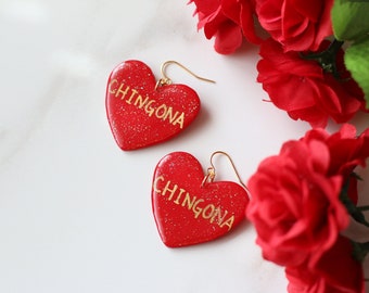 Chingona Earrings, Heart Earrings, Mother's day Gift, Personalized Gift, Latinx Gift