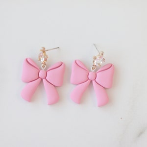 Clay Earrings for Women, Pink Bow Earrings, Valentine's day earrings, Statement Earrings, Sterling Silver Earrings, Crystal Earrings, Stud image 6