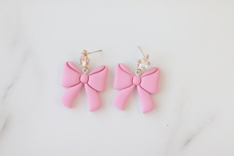 Clay Earrings for Women, Pink Bow Earrings, Valentine's day earrings, Statement Earrings, Sterling Silver Earrings, Crystal Earrings, Stud image 6