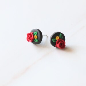 Mexican Earrings Red Rose Black Earrings for Cinco De Mayo Fiesta Stainless Steel Nickel Free Traditional Statement Floral Earrings Studs image 9