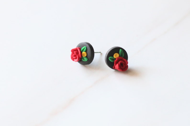 Mexican Earrings Red Rose Black Earrings for Cinco De Mayo Fiesta Stainless Steel Nickel Free Traditional Statement Floral Earrings Studs image 9