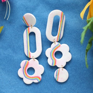 Large Asymmetrical Rainbow Flower Earrings: Polymer Clay Glitter Earrings