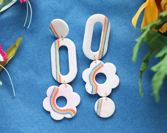 Large Rainbow Earrings, Daisy Flower Earrings, Quirky Earrings, Mother's day Gift
