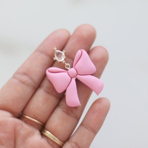 Clay Earrings for Women, Pink Bow Earrings, Valentine's day earrings, Statement Earrings, Sterling Silver Earrings, Crystal Earrings, Stud image 9