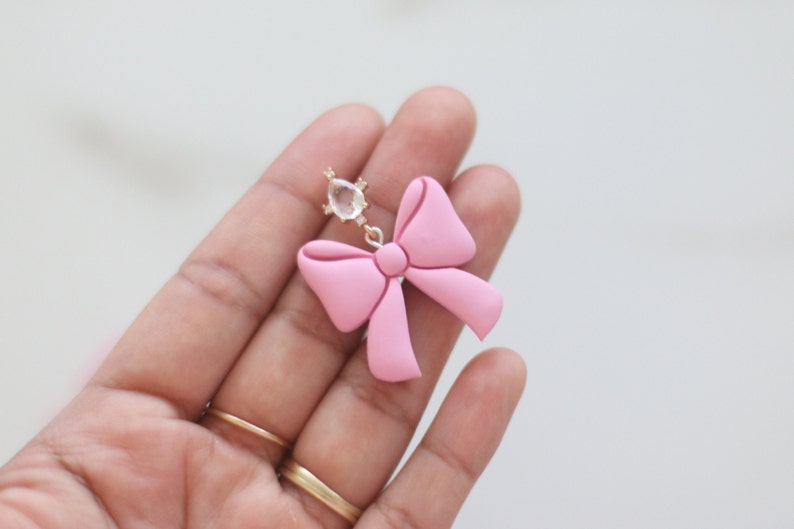 Clay Earrings for Women, Pink Bow Earrings, Valentine's day earrings, Statement Earrings, Sterling Silver Earrings, Crystal Earrings, Stud image 9