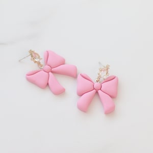 Clay Earrings for Women, Pink Bow Earrings, Valentine's day earrings, Statement Earrings, Sterling Silver Earrings, Crystal Earrings, Stud image 7