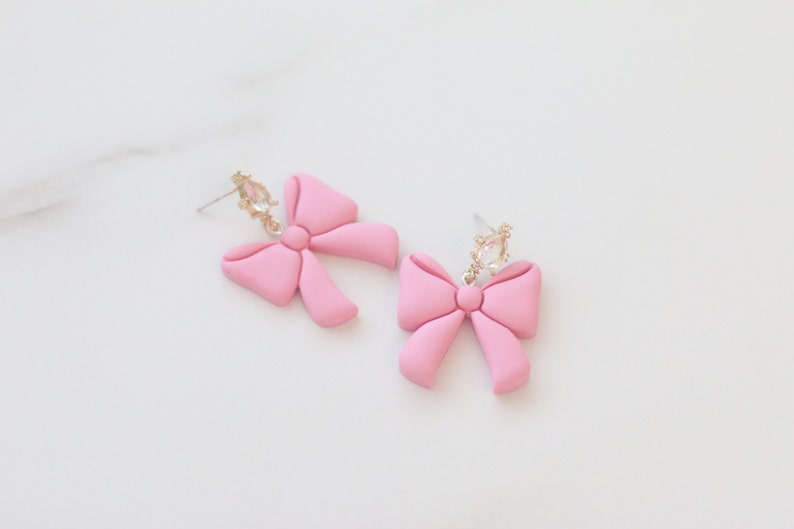 Clay Earrings for Women, Pink Bow Earrings, Valentine's day earrings, Statement Earrings, Sterling Silver Earrings, Crystal Earrings, Stud image 7