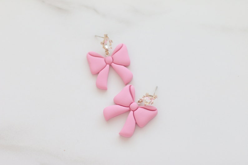 Clay Earrings for Women, Pink Bow Earrings, Valentine's day earrings, Statement Earrings, Sterling Silver Earrings, Crystal Earrings, Stud image 8