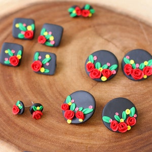 Mexican Earrings Red Rose Black Earrings for Cinco De Mayo Fiesta Stainless Steel Nickel Free Traditional Statement Floral Earrings Studs image 5