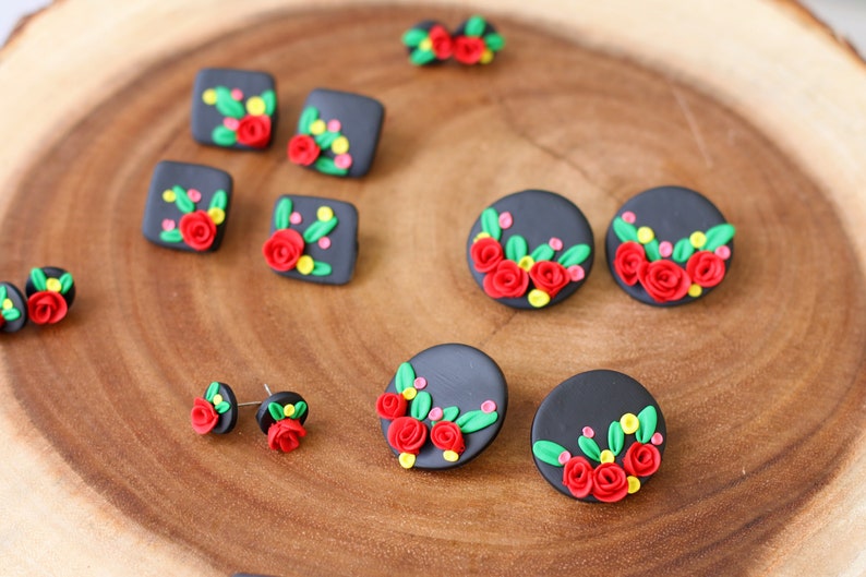 Mexican Earrings Red Rose Black Earrings for Cinco De Mayo Fiesta Stainless Steel Nickel Free Traditional Statement Floral Earrings Studs image 5