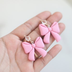 Clay Earrings for Women, Pink Bow Earrings, Valentine's day earrings, Statement Earrings, Sterling Silver Earrings, Crystal Earrings, Stud image 3