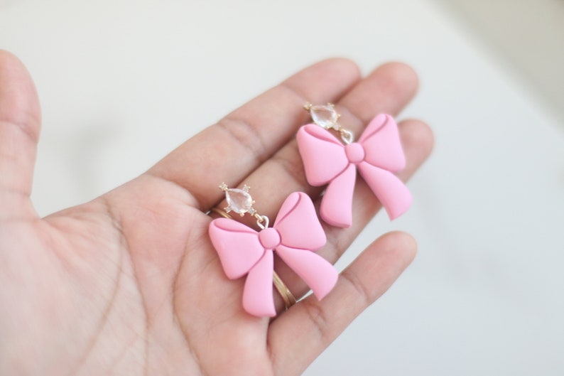 Clay Earrings for Women, Pink Bow Earrings, Valentine's day earrings, Statement Earrings, Sterling Silver Earrings, Crystal Earrings, Stud image 3