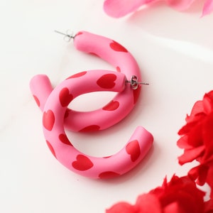 Valentine's Day Hoop Earrings: Handcrafted Clay Love Loops for Romantic Style Pink
