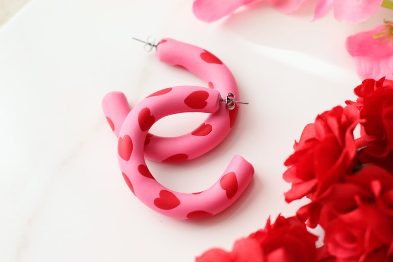 Valentine's Day Hoop Earrings: Handcrafted Clay Love Loops for Romantic Style Pink