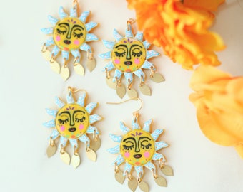 Mexican Sun Earrings, Talavera Earrings, Sun Jewelry, Mexican Earrings