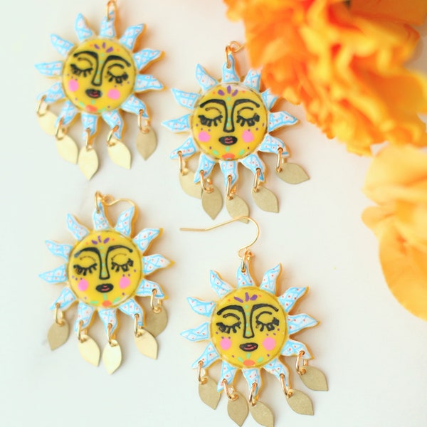 Mexican Sun Earrings, Talavera Earrings, Sun Jewelry, Mexican Earrings