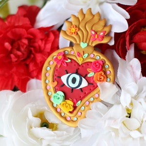Mexican Milagro Earrings, necklace and Brooch, Flaming Heart Earrings, Mexican Jewelry, Latinx shop