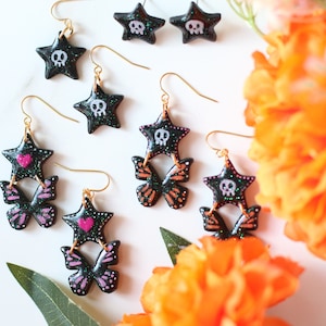 Handmade Monarch Butterfly Dangle Earrings: Polymer Clay Sugar Skull