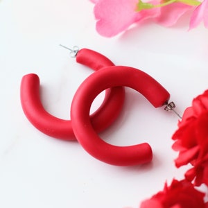 Valentine's Day Hoop Earrings: Handcrafted Clay Love Loops for Romantic Style Red