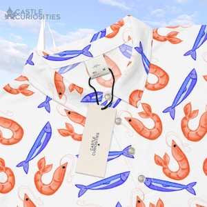 Scrimps Men’s Golf Polo, Hand-Drawn Shrimp & Sardine Pattern Shirt, Funny Seafood Golf Polo, Quirky Coastal Dad Shirt, Fishcore Fashion