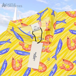 Scrimps” Men’s Golf Polo – Hand-Drawn Shrimp & Sardine Pattern Shirt, Funny Seafood Golf Polo, Quirky Coastal Dad Shirt