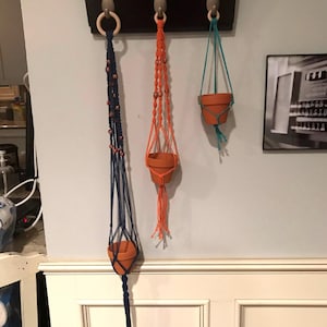 May include: Three macrame plant hangers with terracotta pots hanging from hooks on a white wall. The hangers are made with blue, orange, and teal yarn.