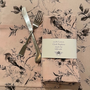 Pink Linen 100% Cotton Dinner Napkins, Bird Sketch on Toile, Sustainable Home Goods