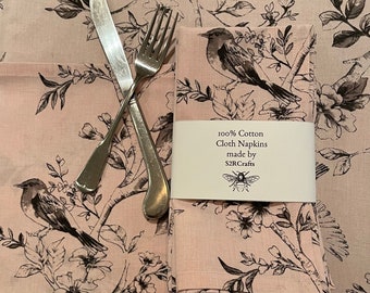 Pink Linen 100% Cotton Dinner Napkins, Bird Sketch on Toile, Sustainable Home Goods