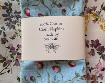 100% Cotton Floral Print Cloth Dinner Napkins, Sustainable, Rosebuds on Light Blue, Reusable and Washable