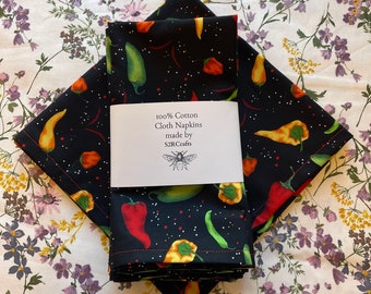 100% Cotton Cloth Dinner Napkins, Hot Peppers, Zero Waste, Sustainable