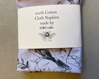 Floral  Lilac Toile Bird Cotton Cloth Napkins, Cocktail or Luncheon, Double Sided, Zero Waste, Sustainable