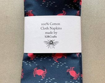 Navy Blue Crab Print Summer, 100% Cotton Cloth Napkin, Crustaceancore, Boating and Coastal Decor