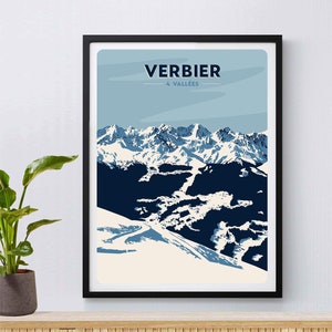Verbier Ski Resort Print, 4 Täler, Vintage Reise Poster, Wallis, Schweiz, Ski Poster, Snowboarden, Skifahren, Berge