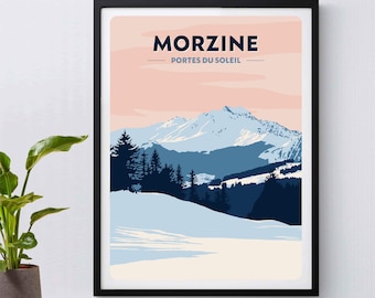 May include: A framed art print featuring a mountain landscape in shades of blue, white, and pink. The print reads "MORZINE" and "PORTES DU SOLEIL" in dark blue text. The artwork depicts snow-covered mountains, trees, and a light blue sky.
