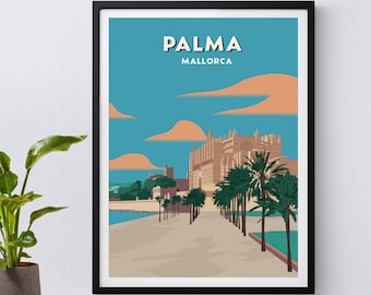 May include: A poster with a blue sky and white clouds, featuring a brown building with palm trees in front of it. The text "PALMA MALLORCA" is at the top of the poster.