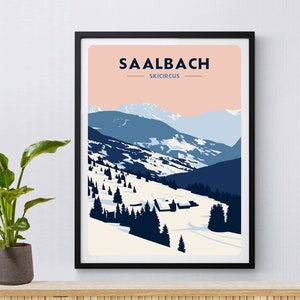 Saalbach Skiort Print, Skicircus, Vintage Reiseposter, Österreich, Skiposter, Snowboarden, Skilaufen, Berge