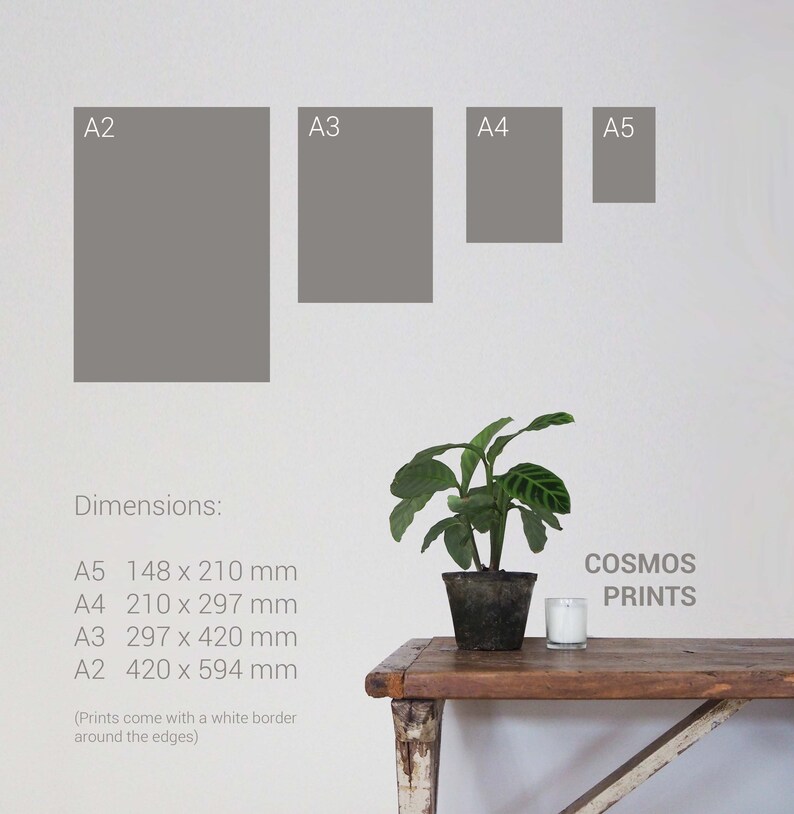 May include: Four different sizes of gray paper prints labeled A2, A3, A4, and A5. The dimensions of each print are listed below the prints. The text "COSMOS PRINTS" is in the bottom right corner of the image.