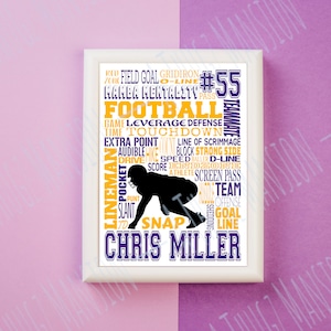 Könnte beinhalten: Gerahmter Druck mit einer schwarzen Footballspieler-Silhouette. Der Hintergrund ist mit Football-bezogenen Wörtern in Gelb und Weiß gefüllt. Der Name "CHRIS MILLER" ist in Lila dargestellt.