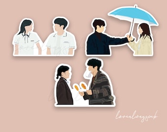 May include: Four illustrated stickers featuring couples from a popular Korean drama. The stickers are white with a black outline. The first sticker shows a couple in school uniforms. The second sticker shows a couple holding an umbrella. The third sticker shows a couple sharing a snack. The fourth sticker shows a couple looking at each other.